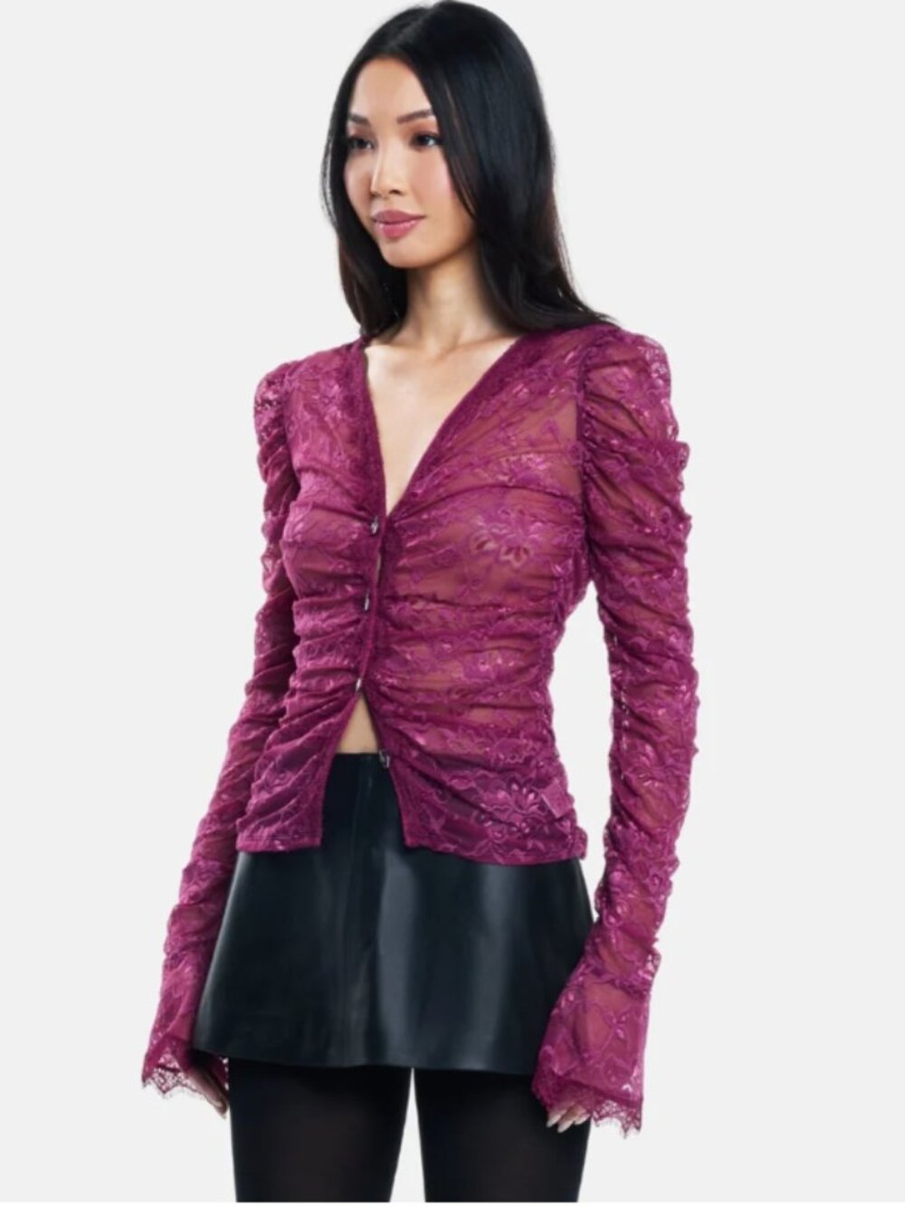 OW Collection, Lace Ruched Button-Front Long Sleeve Top in Burgundy